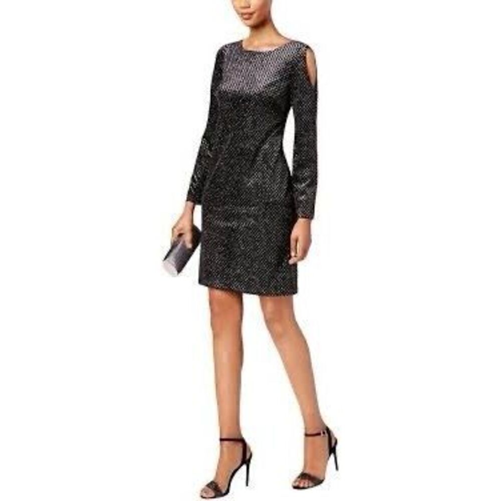 Jessica H Womens 8 Cold Shoulder Bell Sleeve Cocktail Dress Black Metallic Party - Picture 2 of 13